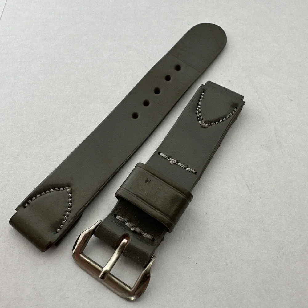 Genuine Shell Cordovan Leather Watch Strap Olive Green 2-Piece Band Silver Buckl